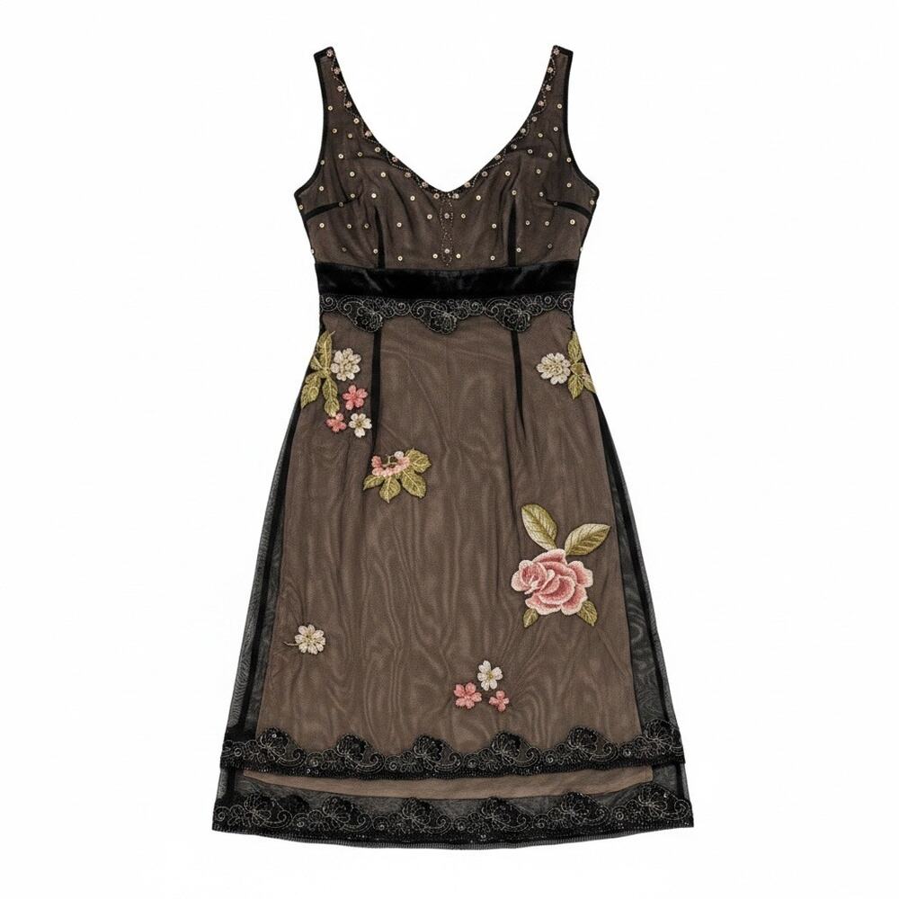 Adrianna Papell 8 Black Mesh Embroidered Floral Mini Dress Y2K Cocktail Vampy 90